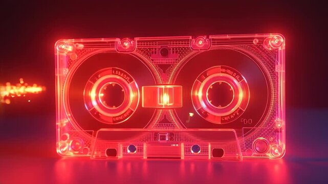 Transparent cassette tape with red neon lighting, glowing musical notes floating, retro audio concept, pink atmosphere, vintage media. Concept of music, entertainment, nostalgia