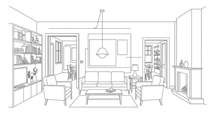Fototapeta premium A blurry black and white sketch of a room with furniture and lighting fixtures