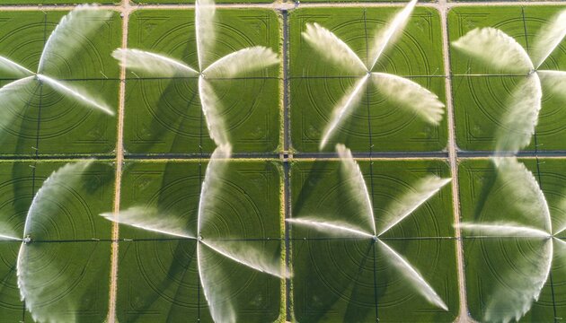 Aerial drone shot of irrigation system watering green crops, sustainable farming, circular irrigation patterns, agriculture technology, bright daylight