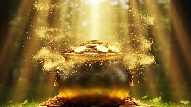 Golden pot overflowing with coins emits sparkling dust in a sunlit forest, surrounded by lush greenery and beams of light filtering through the trees