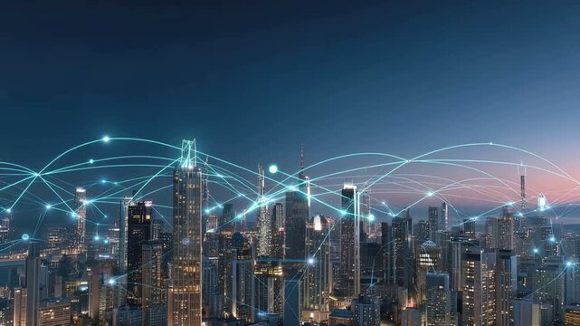Smart City: Futuristic urban landscape showcasing interconnected skyscrapers with luminous network pathways, embodying the essence of smart city technology and global connectivity.