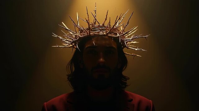 Man wearing crown of thorns looking upward, eyes closed in prayer, divine golden light, concept of christianity, easter, religious