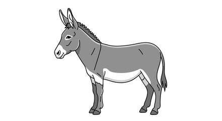 Obraz premium Simple side profile illustration of a gray and white donkey standing calmly against a plain white background for farm animals theme.