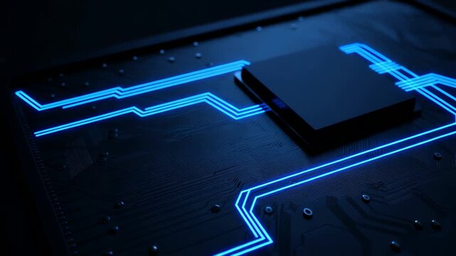 Computer processor microchip with glowing blue electric circuits on dark circuit board base
