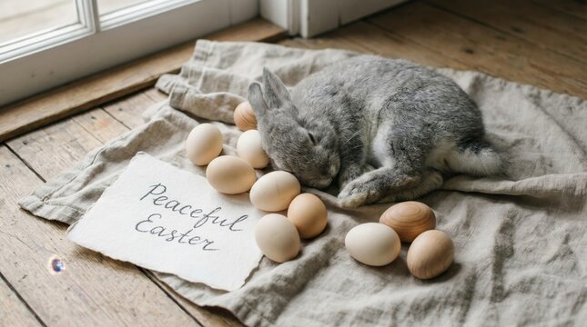 Sleeping gray rabit curled beside natural eggs in gentle morning light.