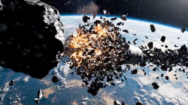 Orbiting Space Debris Field with Colliding Satellite Fragments Over Blue Earth in High Speed Chaos