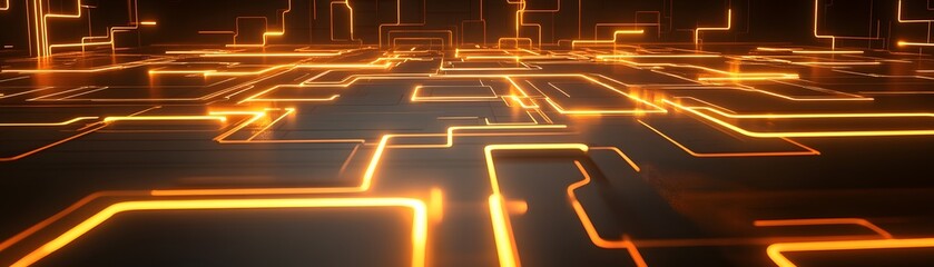 Glowing orange circuits illuminate a dark digital matrix extending into the distance