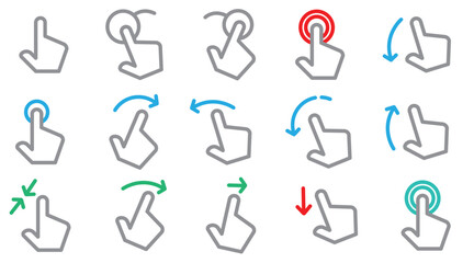 Obraz premium Touch Gesture Hand Icons Set – Tap, Swipe, Click, Scroll and Rotate Actions UI Symbols