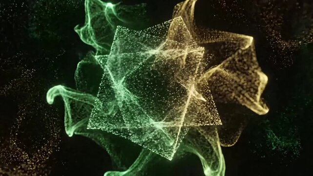 Dynamic abstract geometric shape formed from glowing particles creating a futuristic and technological visual effect against a dark background perfect for branding or digital art