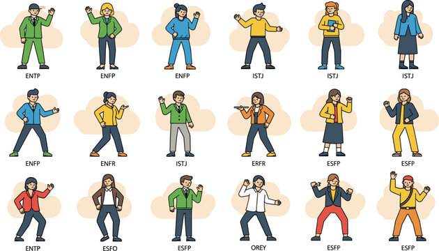 Set of diverse MBTI personality type characters with personality labels in flat vector illustration