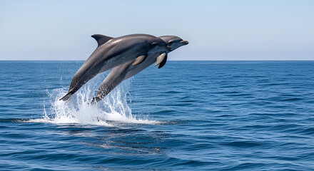 Obraz premium Two dolphins leaping together from blue ocean with water splash, wild marine animals, freedom, dynamic motion, open sea nature scene.