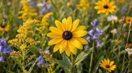 Fototapeta premium Yellow flower in a vibrant summer meadow full of gold and blue blooms. Nature beauty for spring and summer background.