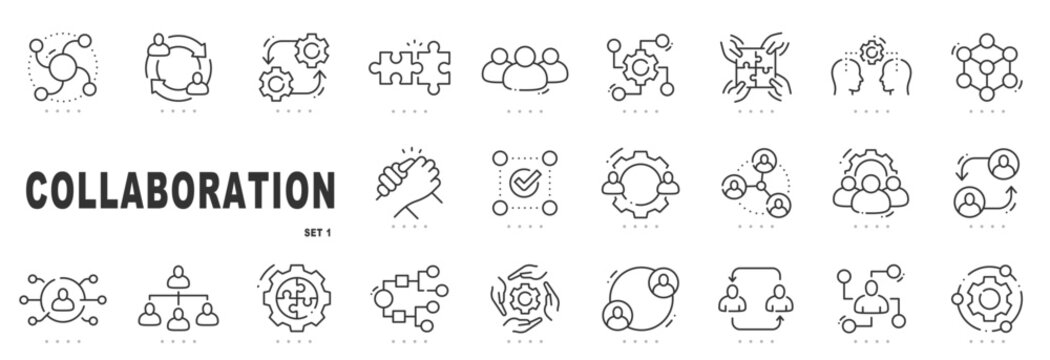 Outline collaboration icon set showing teamwork, networking, cooperation, communication, shared workflows, business synergy concepts, editable stroke, minimal modern line style.