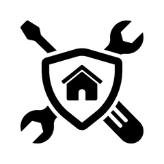 Home warranty repair service with house and badge solid glyph icon
