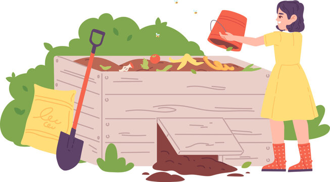 Organic waste recycle in compost bin color illustration