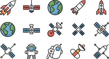 Space Technology Icon Set Rocket Satellite Planet Astronomy Vector © Universal Icons Lab