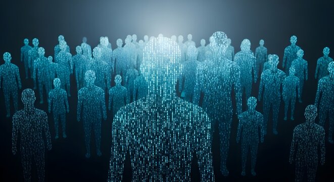 Group of digital people formed by binary data. Metaverse and collective intelligence. Human silhouettes filled with falling code matrix in dark space