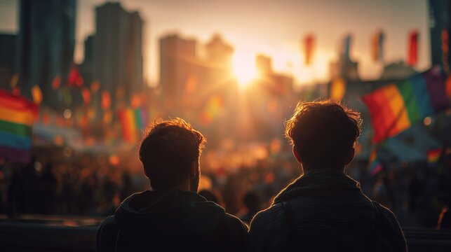 Celebration at gay pride festival with rainbow flags and a sunset backdrop in a city