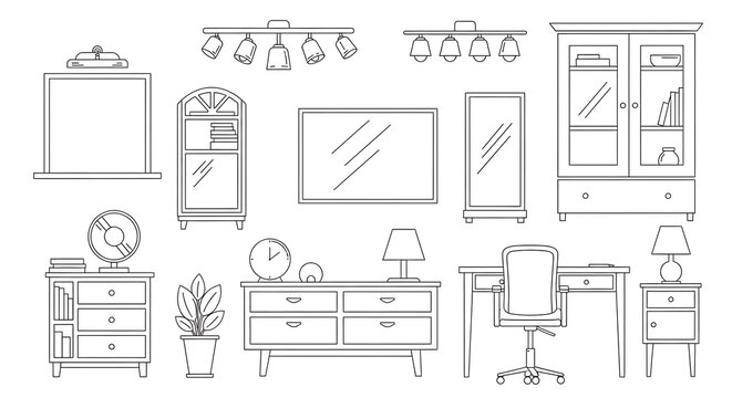 A collection of furniture and home decor items in a detailed line drawing
