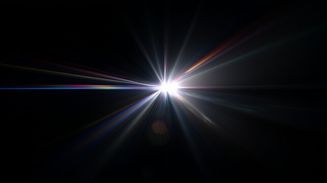 Heller Lichtstrahl mit Lens Flare auf schwarzem Hintergrund. Dramatischer Sterneneffekt mit Regenbogenreflexion &ndash; Symbol f&uuml;r Energie, Hoffnung, Spotlight oder spirituelles Leuchten.