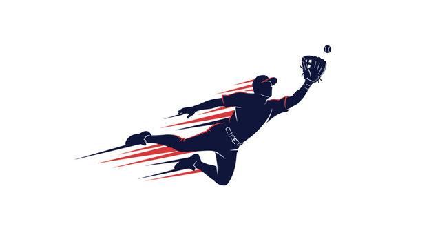 Dynamic silhouette of a baseball player in mid-air, making an incredible diving catch with speed lines, illustrating intense action and athletic skill.