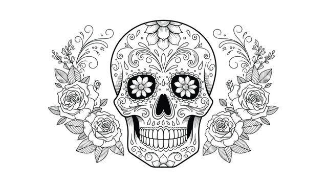 Intricate black and white coloring page featuring a decorative sugar skull adorned with elaborate floral patterns, perfect for Day of the Dead celebrations.