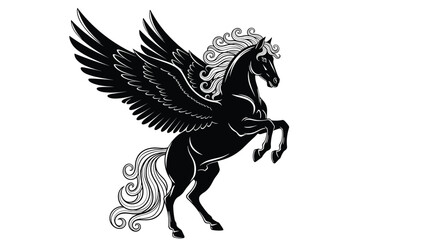 Obraz premium Majestic black silhouette of Pegasus, the mythical winged horse, rearing elegantly, symbolizing freedom, inspiration, fantasy, and legendary power.