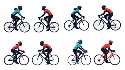 Collection of dynamic silhouettes depicting male and female cyclists in various riding positions, showcasing speed, endurance, and the active lifestyle of biking.
