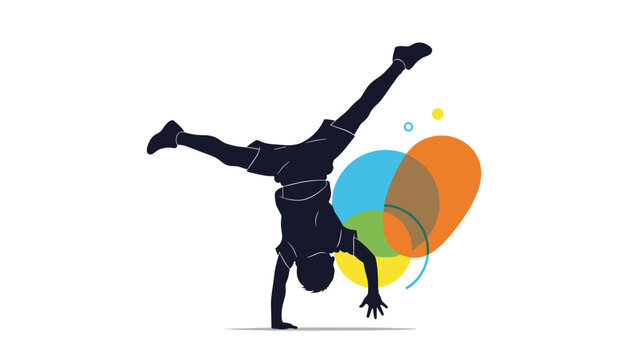 Dynamic silhouette of a boy doing a handstand, balanced on one hand, surrounded by colorful abstract shapes, symbolizing agility, playfulness, and acrobatic skill.