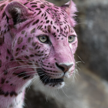 Surreales Raubkatzen-Portrait mit rosa Fell. Fantasievolle Mischung aus Jaguar, Panther und Tiger &ndash; kreative Tierkunst zwischen Naturfotografie und digitaler Farbmanipulation.