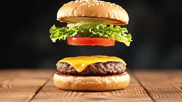 Witness this delicious cheeseburger deconstruct itself, showcasing its fresh ingredients. A captivating food display, perfect for culinary enthusiasts and fast-food advertising.