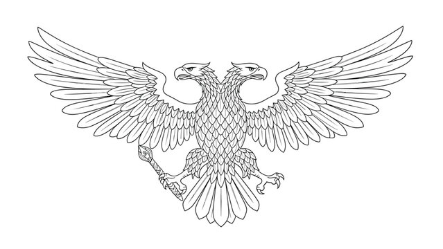 Ornate heraldic double-headed eagle with spread wings and two crowns, drawn in a classic engraving style, representing royalty and power.