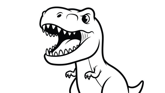Playful outline drawing of a fearsome yet friendly cartoon T-Rex, mouth wide open in a roar, perfect for a children's coloring book.