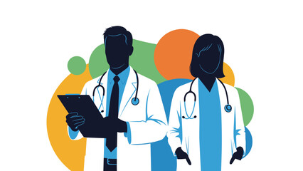 Fototapeta premium Diverse healthcare professionals, including male and female doctors, depicted as silhouettes with medical equipment, on an abstract background.