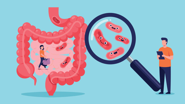 Educational graphic showcasing the human digestive system with microbiota, observed by a researcher with a magnifying glass for health study.