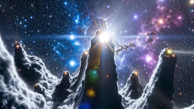 Fly Through Towering Interstellar Gas Pillars with Glowing Protostars in Deep Blue Nebula