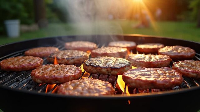 Outdoor barbecue grill cooking burgers steaks, summer cookout flames charcoal glowing, backyard party food preparation lifestyle, smoke rising aromatic delicious ,culinary outdoor concept
