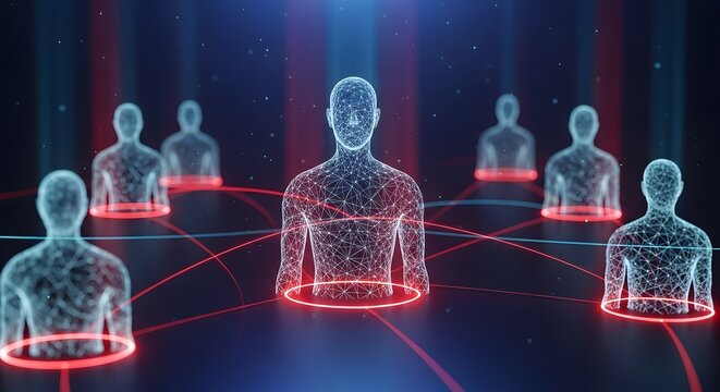 Connected human avatars with glowing red circular bases. Demographic targeting and social network security. Digital wireframe figures linked by data lines in dark cyberspace