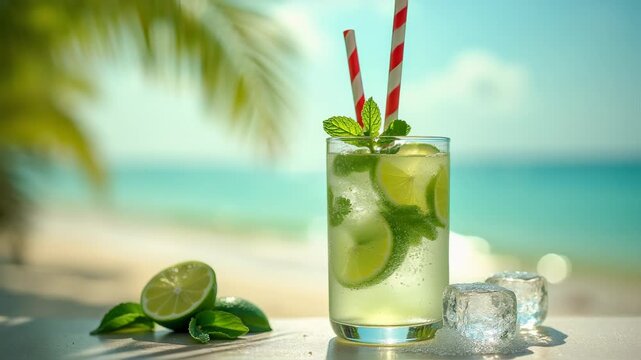 Fresh mint mojito ingredients lime wedges ice sugar cane, glass with bubbles caribbean beach background blurred, concept of catering, tourism, hospitality
