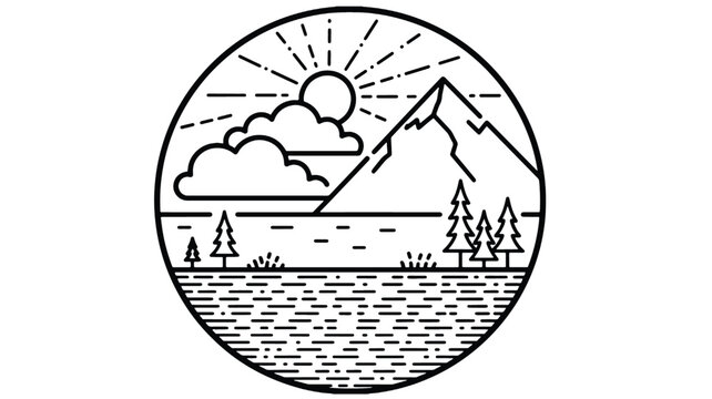 Landscape line art badge with mountain peak, sun rays, clouds, pine trees and lake water in circular emblem, minimalist monochrome outdoor nature logo icon