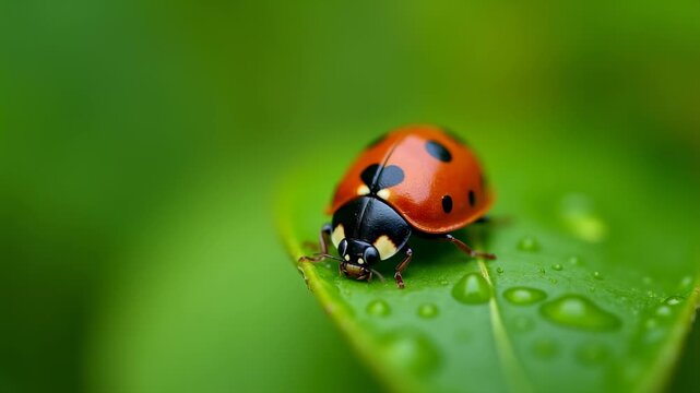 Ladybug on green leaf, red shell black spots, morning dew present, beneficial garden insect