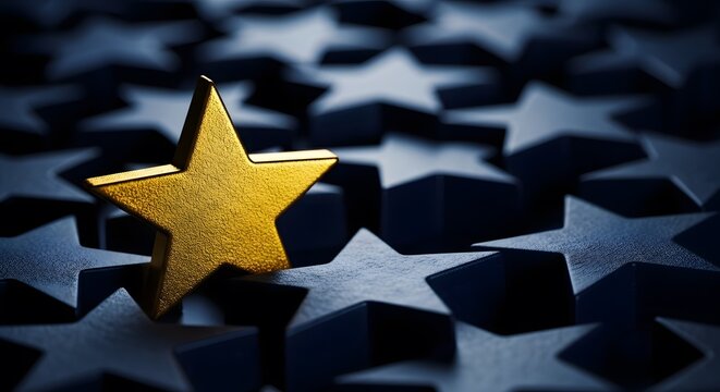 Golden star leaning against dark blue stars. Business excellence and top rated quality symbol. Shiny gold trophy shape highlighting success in a competitive market