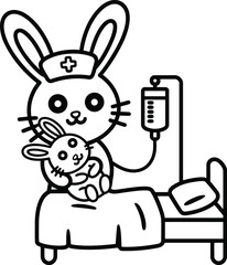 Cute cartoon rabbit nurse taking care small bunny patient