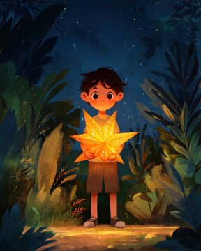 Filipino child holding parol (Christmas star lantern), festive night with soft glow, cartoon style