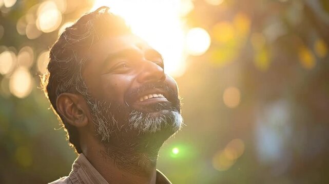 Portrait of a smiling man looking up towards the bright sunlight outdoors.