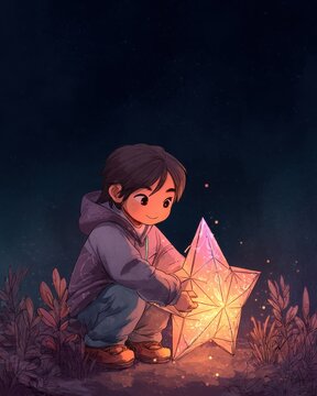 Filipino child holding parol (Christmas star lantern), festive night with soft glow, cartoon style