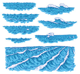 Sea waves. Vintage vector engraving color illustration. Isolated on white background. Hand drawn hatching