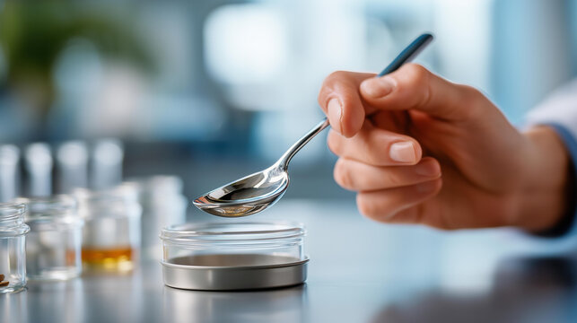 Close up of quality assurance sampling spoon in container hand collecting compliance test specimen systematically verification process with organized sample collection shown
