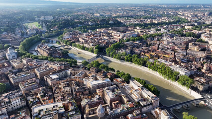 Sunset Tiber River In Rome Lazio Italy. Modern City Center With Skyscrapers Reflecting The Urban Life. Building Metropole Landscape Company Building Awesome. Metropole Town. Rome Lazio.