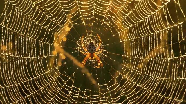 Observe a stunning orb-weaver spider meticulously positioned on its intricate web, glistening with dew drops, bathed in golden sunlight against a soft, blurred background.